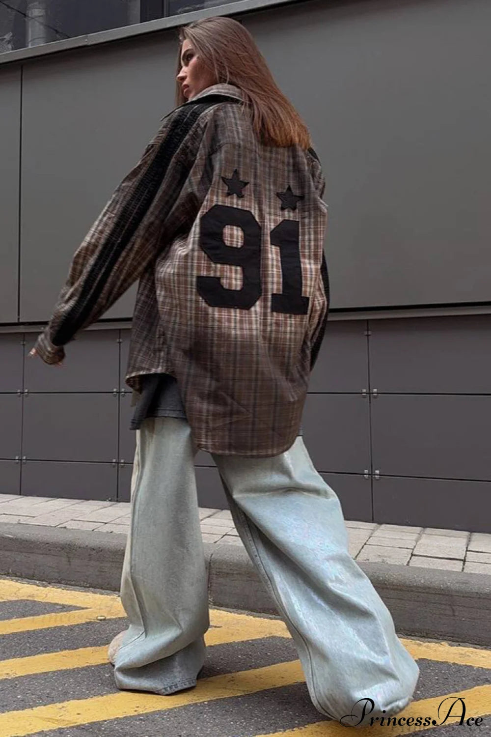 Gradient Plaid Patch Letter Loose Blouse