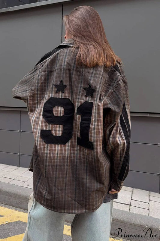 Gradient Plaid Patch Letter Loose Blouse Brown / S