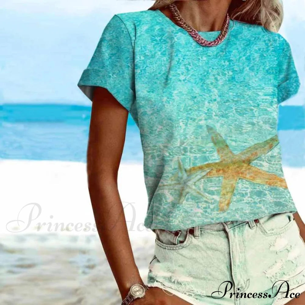 Gradient T-Shirt With Coastal Print Blouses