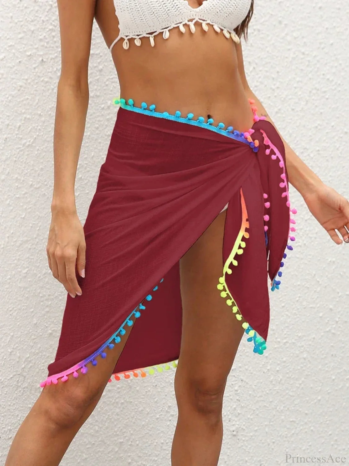 Gradient Tassel Beach Shawl Wrap Cover Up Maroon / One Size