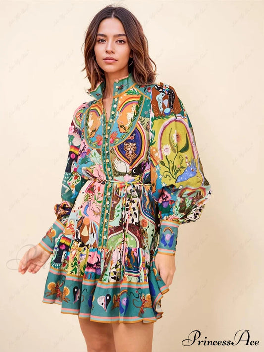 Graffiti Casual Evergreen Charming Printing Mini Dress Multicolor / S Dresses