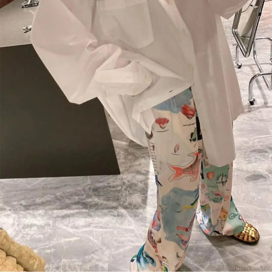 Graffiti Print Wide Leg Elastic High Waist Pant pant-250223