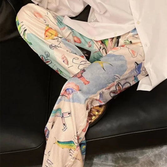 Graffiti Print Wide Leg Elastic High Waist Pant White / M pant-250223