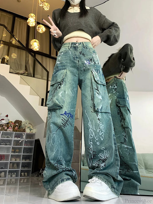Graffiti Printed Gothic Cargo Pant Blue / S