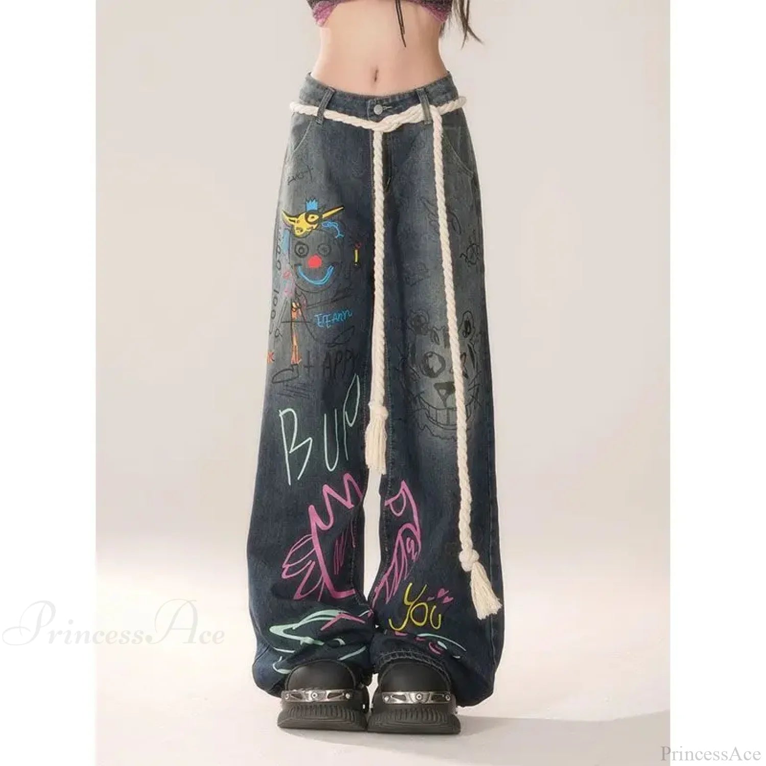 Graffiti Vintage High Waist Jeans Pants Blue / S