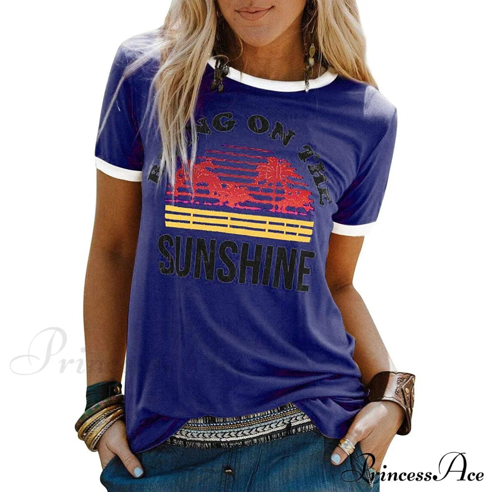 Women Sunshine Graphic Long Sleeves Tees Blouses Blue __stock:200 clothes refund_fee:800 tops