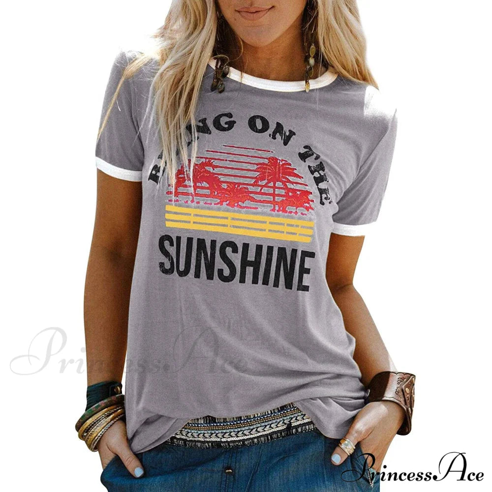 Women Sunshine Graphic Long Sleeves Tees Blouses Gray __stock:200 clothes refund_fee:800 tops