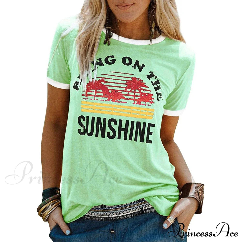 Women Sunshine Graphic Long Sleeves Tees Blouses Green __stock:200 clothes refund_fee:800 tops