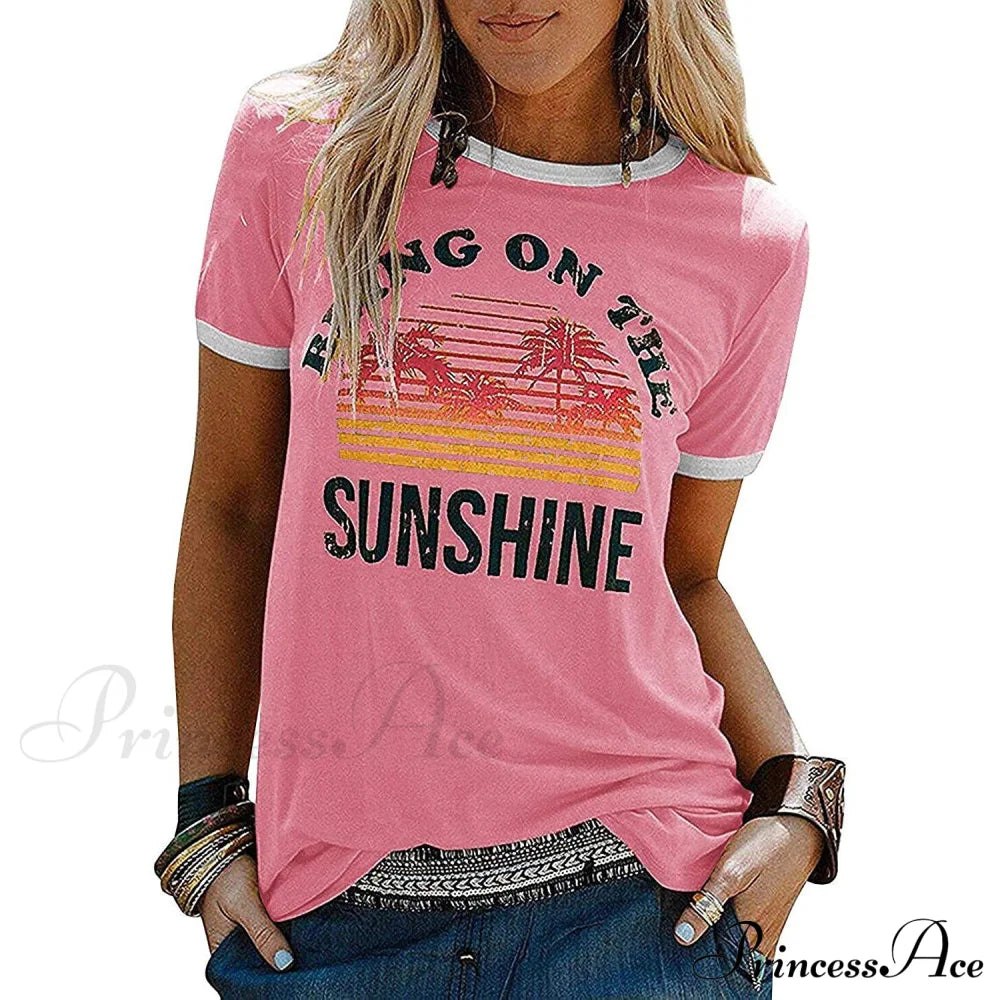 Women Sunshine Graphic Long Sleeves Tees Blouses Pink __stock:200 clothes refund_fee:800 tops