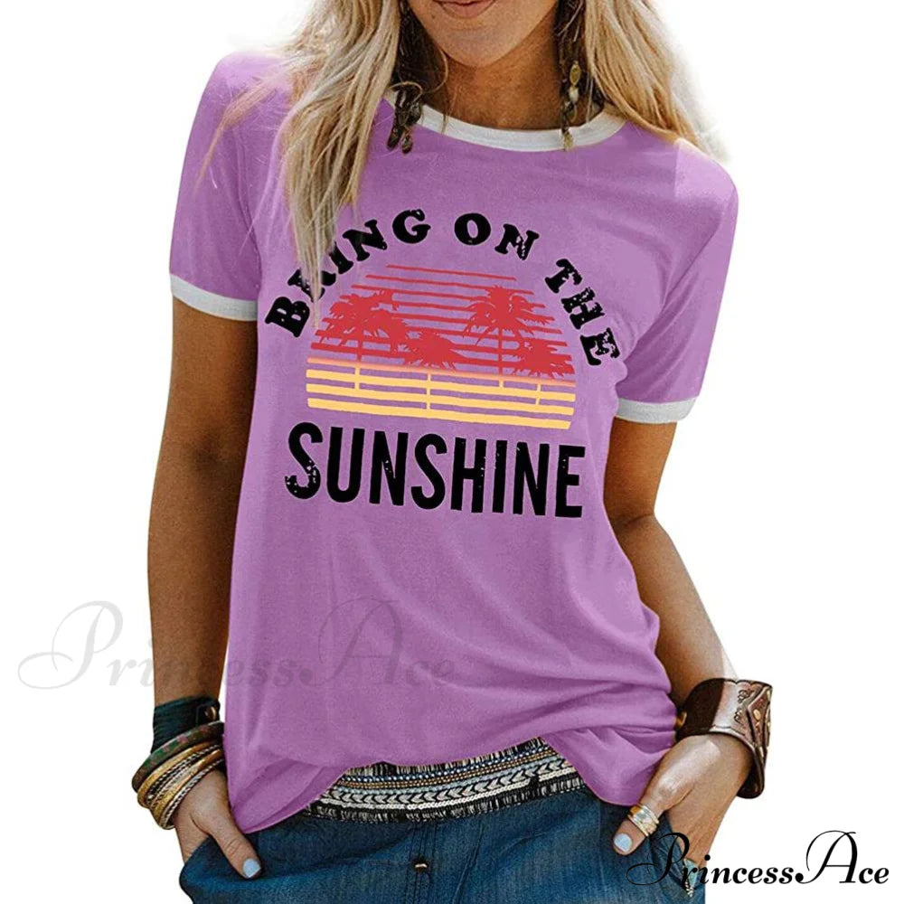 Women Sunshine Graphic Long Sleeves Tees Blouses Purple __stock:200 clothes refund_fee:800 tops