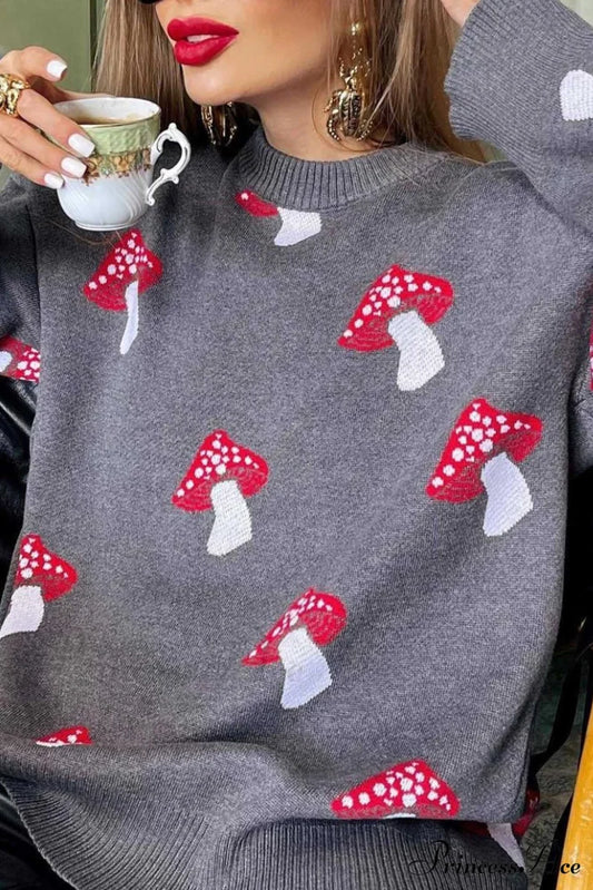 Graphic Mushroom Pullover Sweater Grey / S Sweaters-L