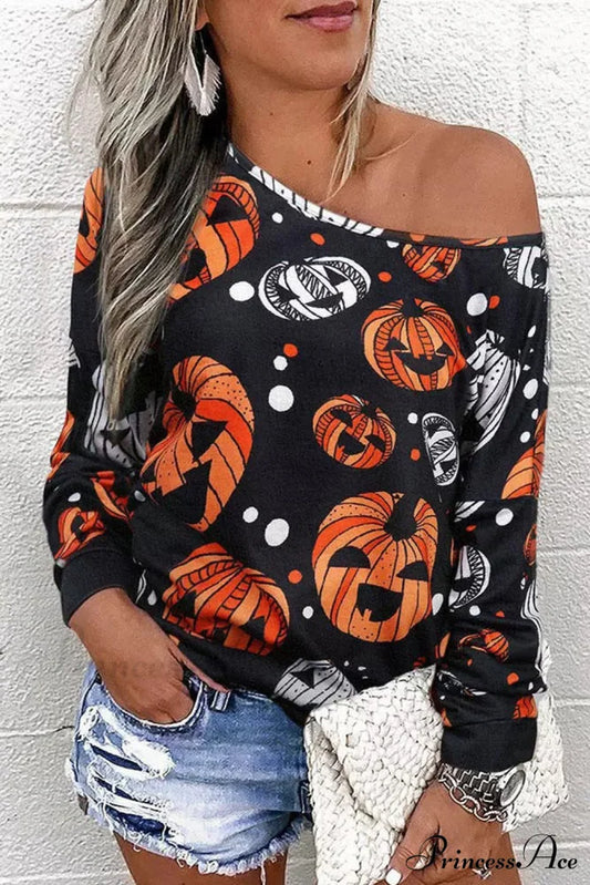 One Shoulder Jack-O'-Lantern Graphic Sweatshirt Black clothes Ship From Overseas shirts sweater SYNZ top trend