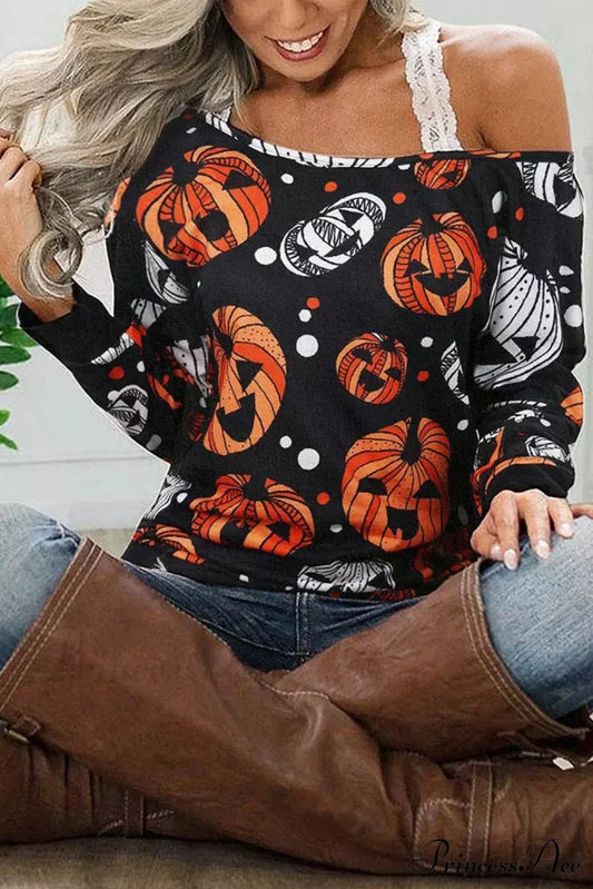 Graphic Shoulder Jack-O’-Lantern One Sweatshirt Sweaters-L