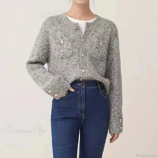 Gray Elegant O-neck Button Cardigan GRAY / One Size