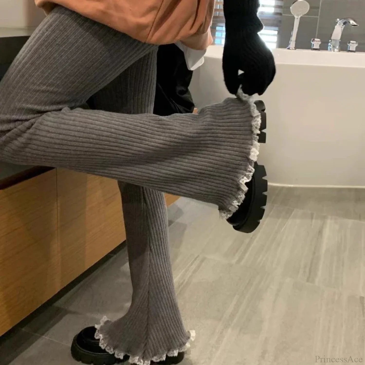 Gray Lace Flare Women Casual Knit Pants