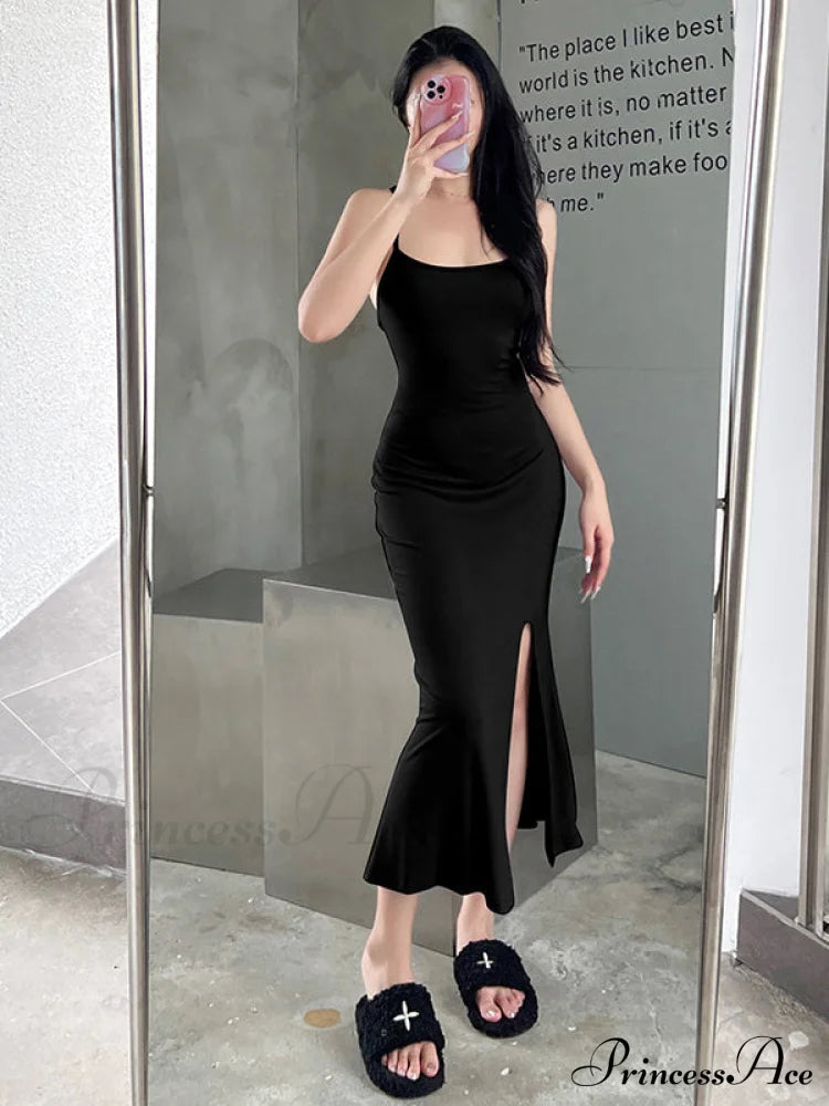 Gray Mermaid Hem Cami Slit Dress L / Black Long Maxi Beach Dress