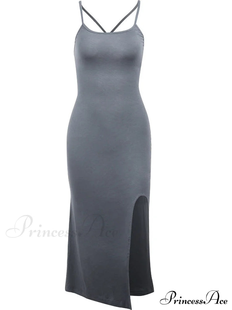 Gray Mermaid Hem Cami Slit Dress M / Long Maxi Beach Dress
