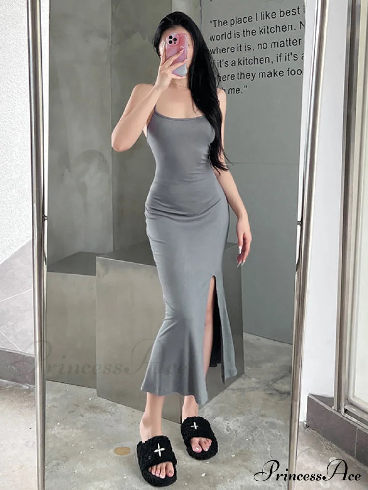 Gray Mermaid Hem Cami Slit Dress S / Long Maxi Beach Dress