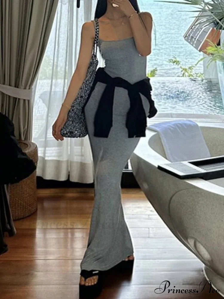 Gray Pointelle Graceful Knit Long Top Maxi Dresses