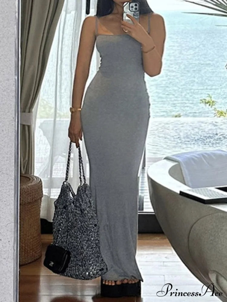 Gray Pointelle Graceful Knit Long Top / S Maxi Dresses