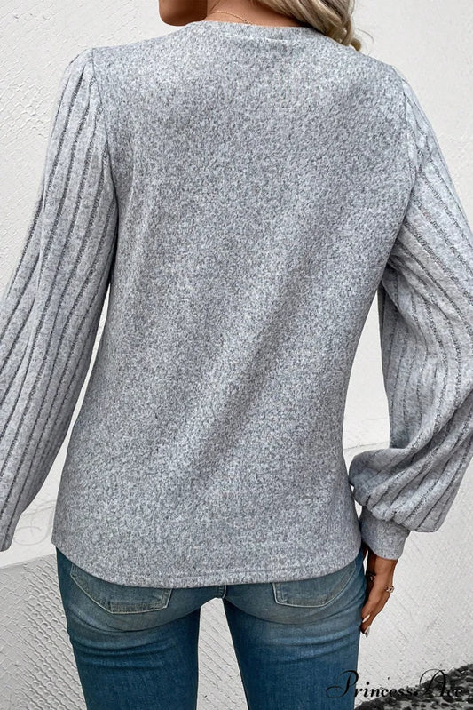 Gray Ribbed Bishop Arm Top With Contrast Tops