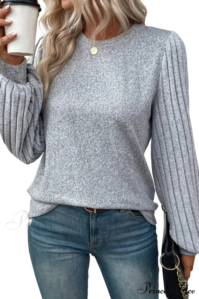 Gray Ribbed Bishop Arm Top With Contrast Tops