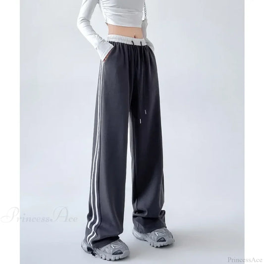 Gray Striped Casual Sweatpants Pants Deep gray / S