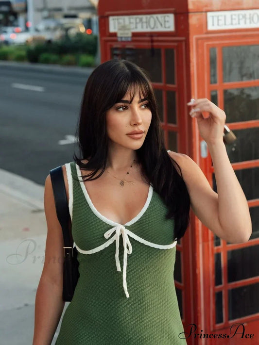 Green Contrast Seam Charming V-Neck Knit Mini Dress