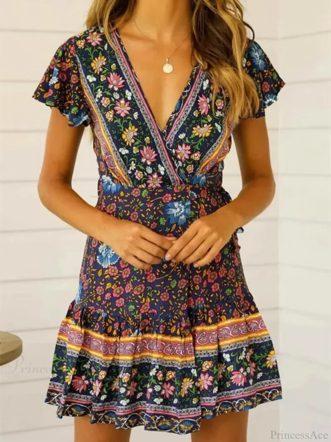 Green Floral Deep V-neck Boho Sundress bohodress-250126