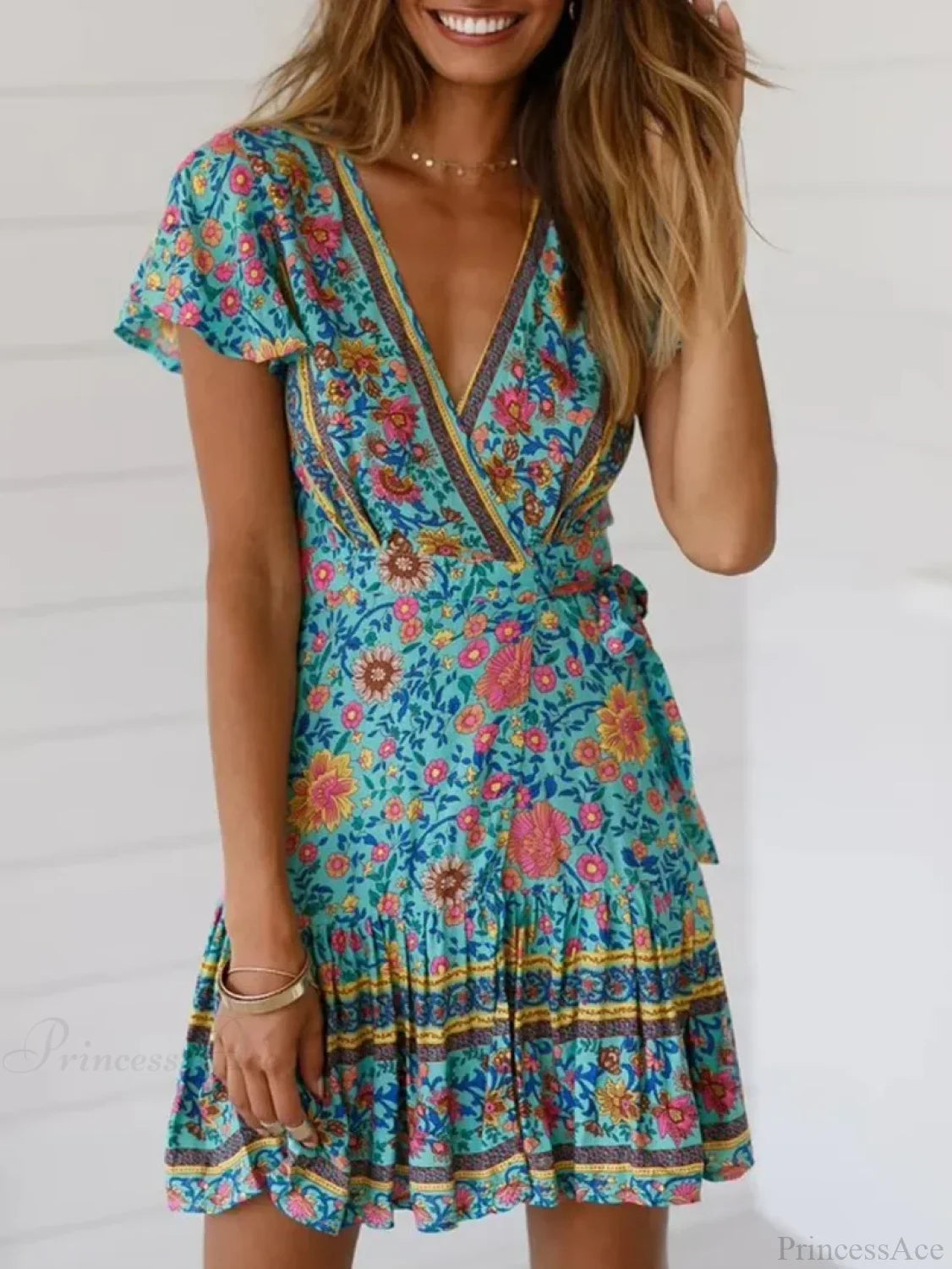Green Floral Deep V-neck Boho Sundress bohodress-250126