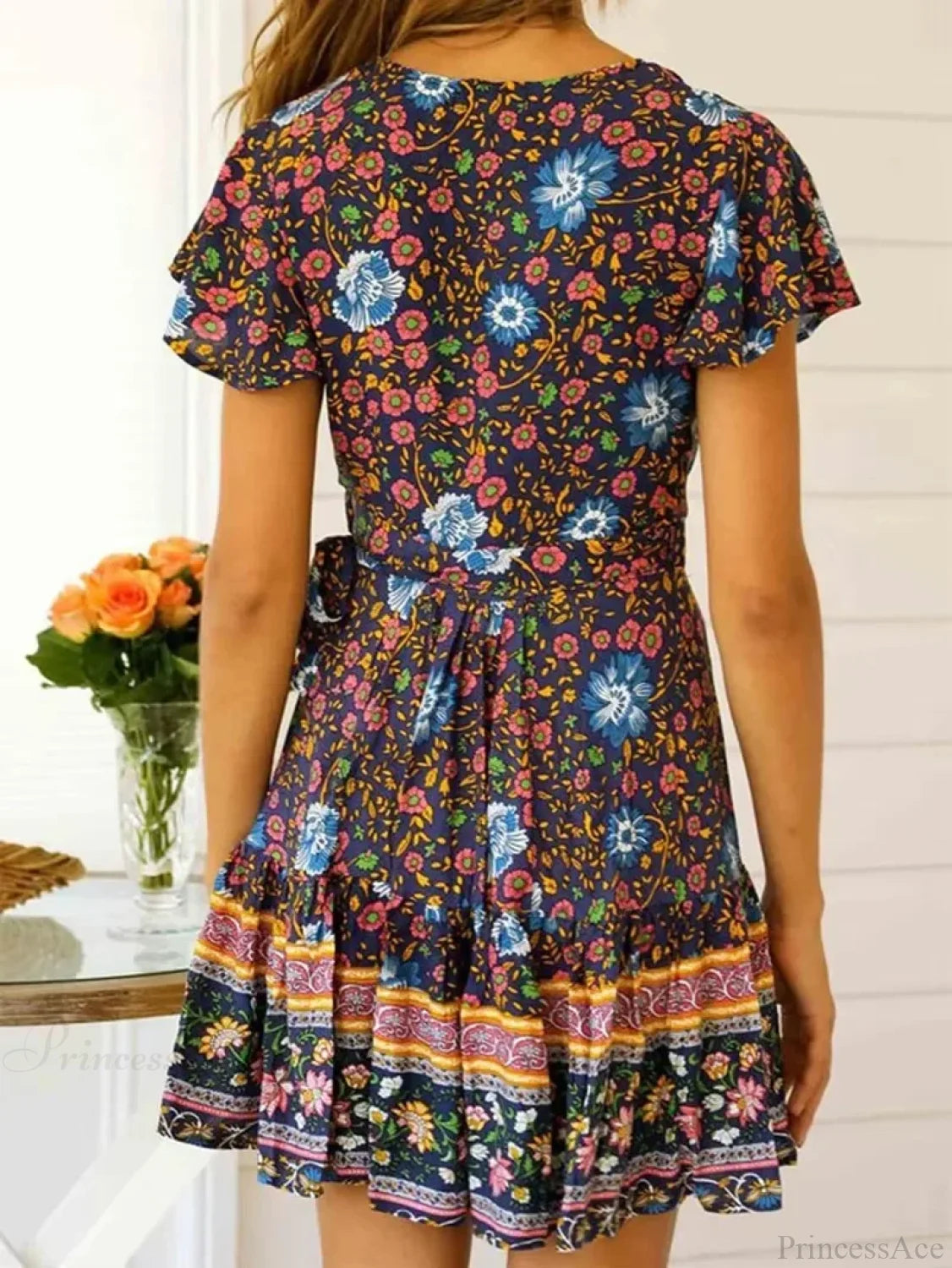 Green Floral Deep V-neck Boho Sundress bohodress-250126