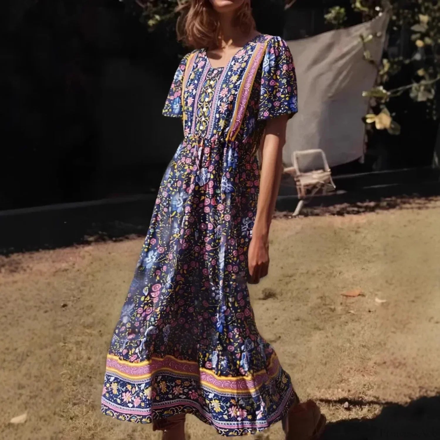 Green Floral Print Ruffles Sleeve Tassel V-neck Rayon Maxi Boho Dress navy / S bohodress-250126