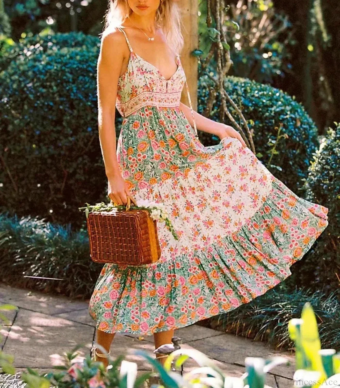 Green Floral Sleeveless Rayon Maxi Boho Dress bohodress-250126