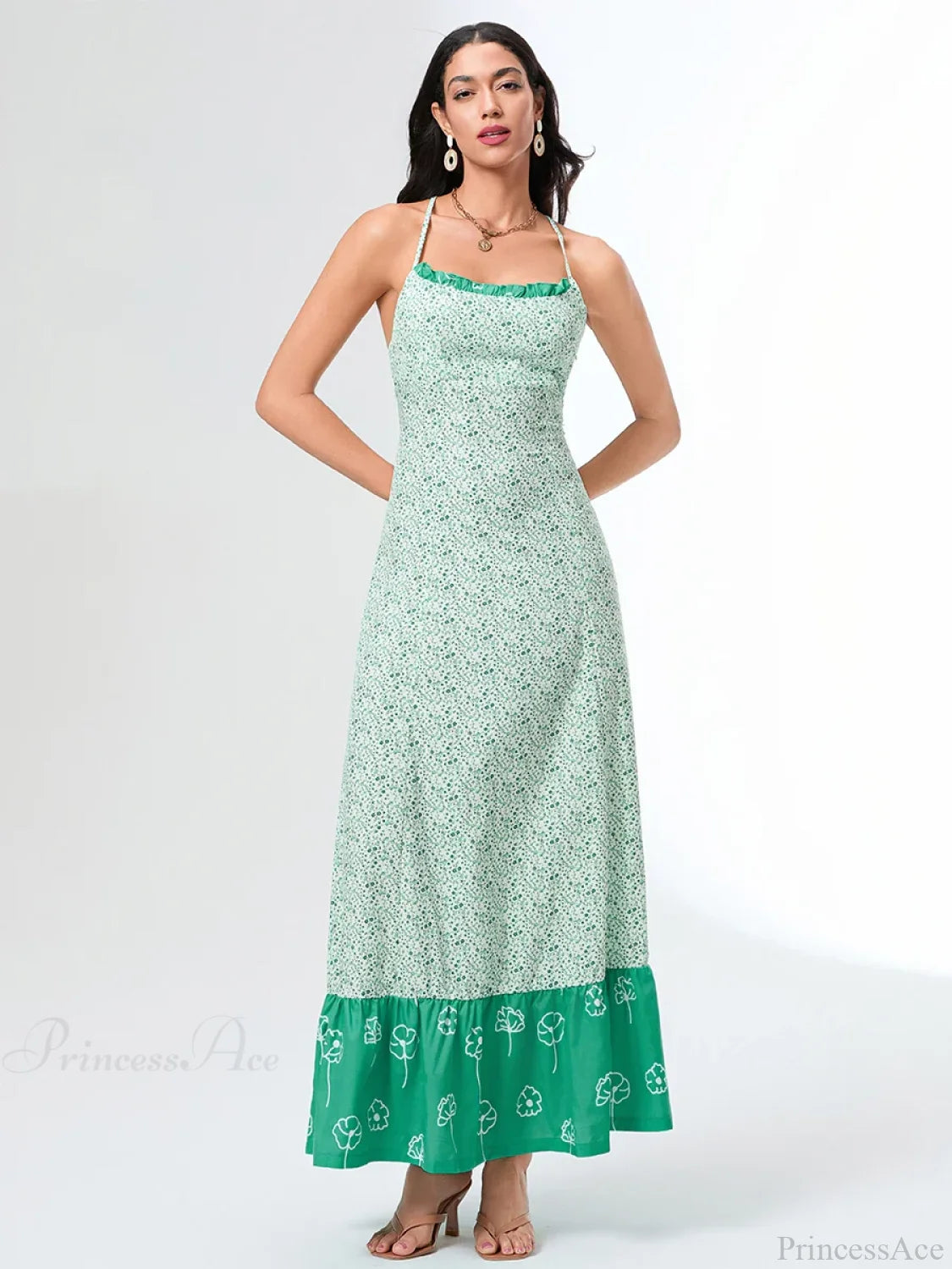 Green Floral Tie-up Back Cross Flowy Floral Dress floraldress-250126