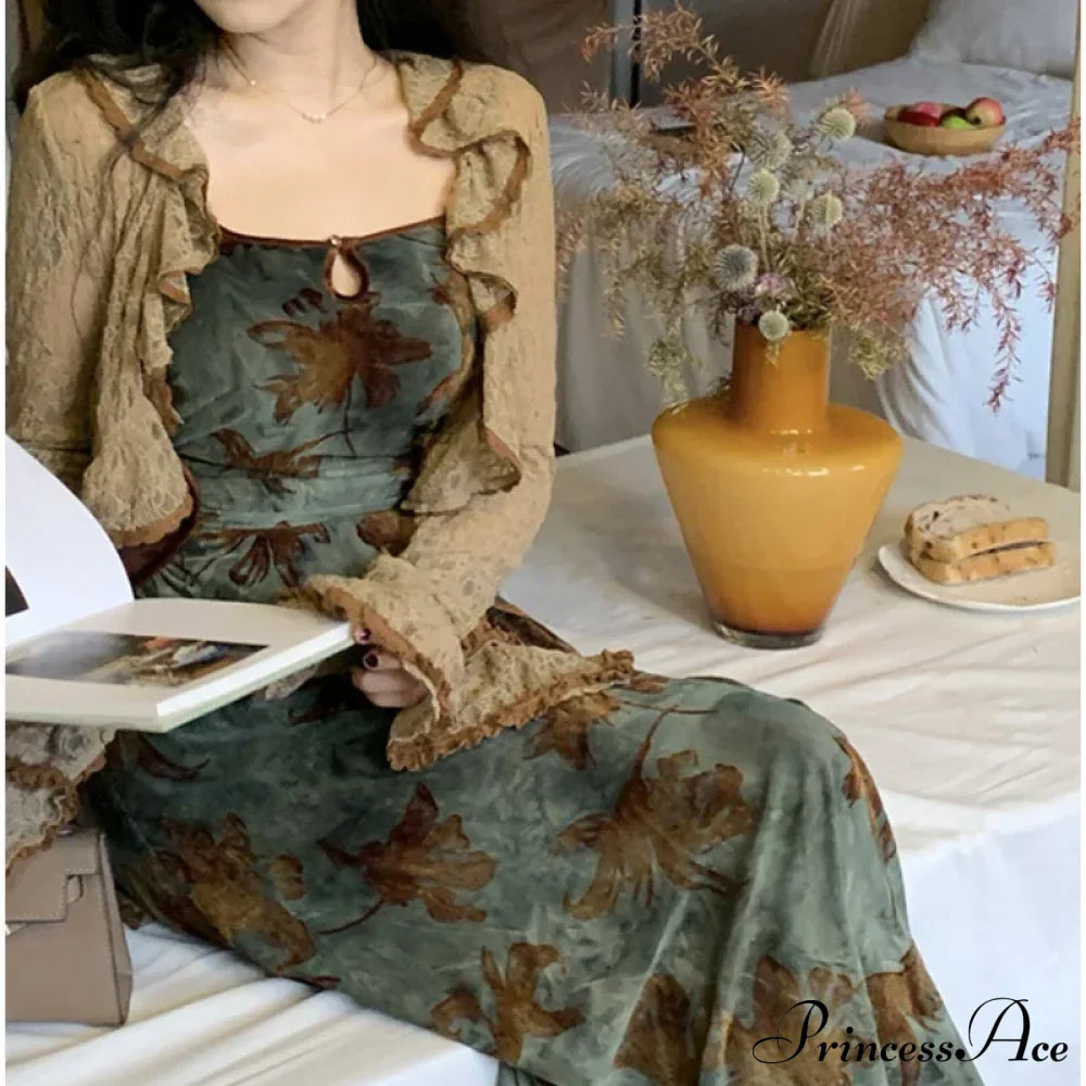 Green Halter Autumn French Retro Waist Slimming With Brown Clothing Slimfit Floral Dress