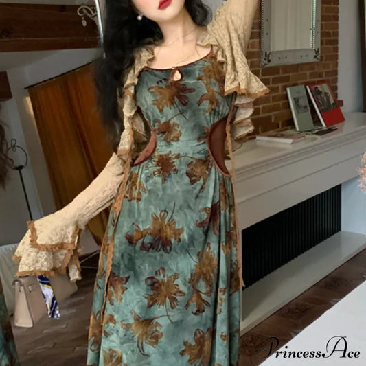 Green Halter Autumn French Retro Waist Slimming With Brown Clothing Slimfit Floral Dress Dark Green