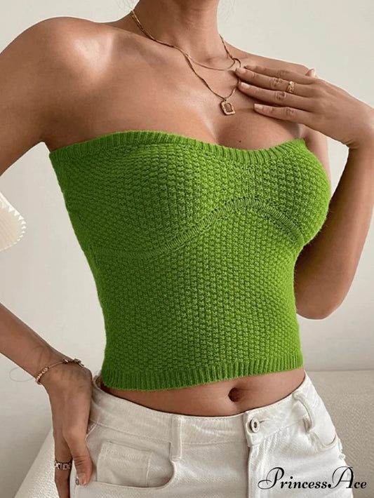 Green Knit Graceful Halter Mini Dress / One Size Tops&Tees