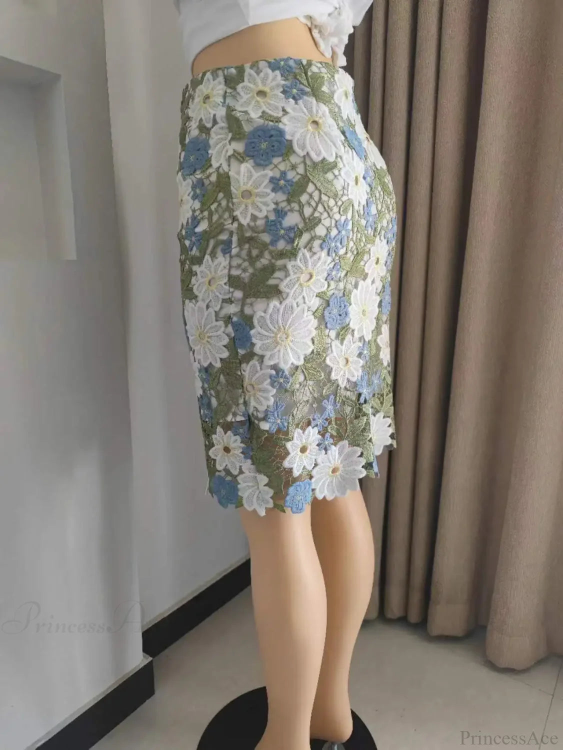 Green Lace Pencil Skirt Knee Length Bi-material Skirt