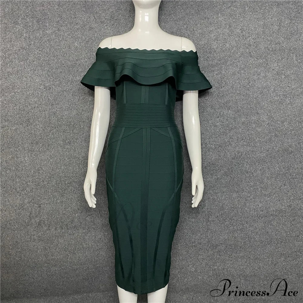 Green Ladies Bandage Dress Ruffles Slash Neck Bodycon Knee-Length Christmas Party Dresses-L