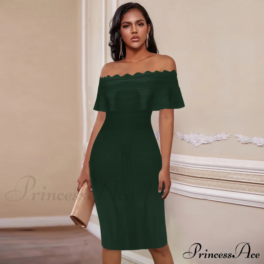 Green Ladies Bandage Dress Ruffles Slash Neck Bodycon Knee-Length Christmas Party Dresses-L