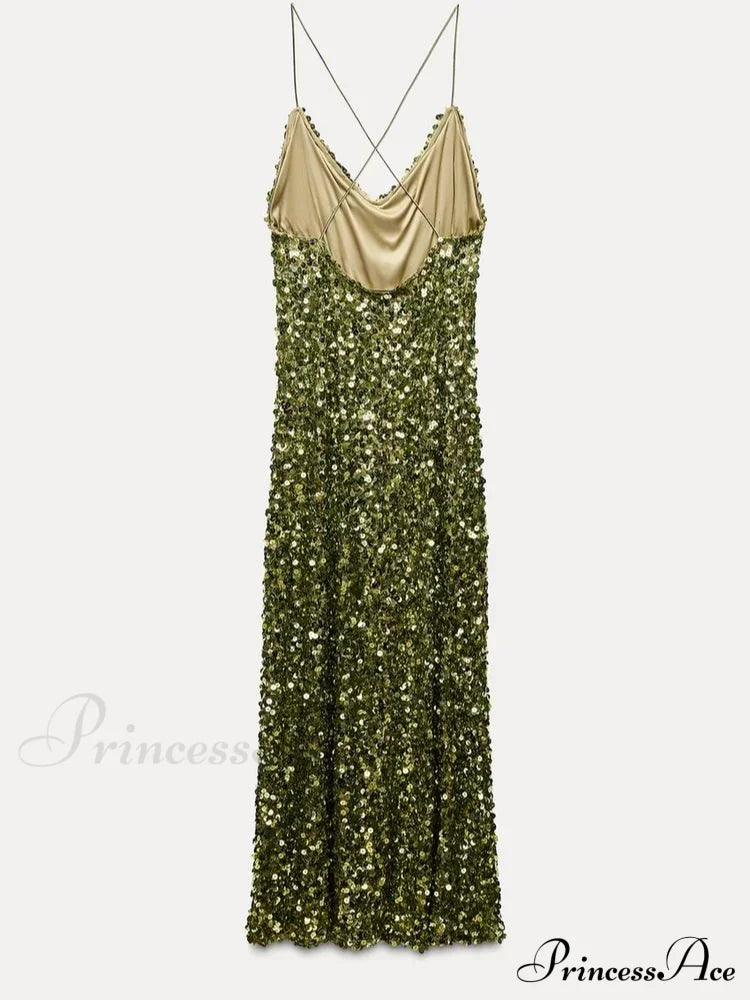 Green Sequin Backless Sling Dress Sexy Sleeveless Off Shoulder Slim Christmas Party Dresses-L