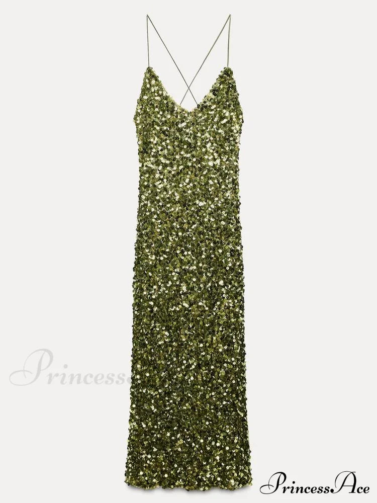 Green Sequin Backless Sling Dress Sexy Sleeveless Off Shoulder Slim Christmas Party Dresses-L