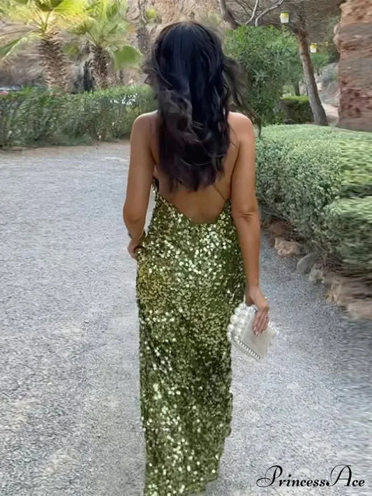 Green Sequin Backless Sling Dress Sexy Sleeveless Off Shoulder Slim Christmas Party / S Dresses-L