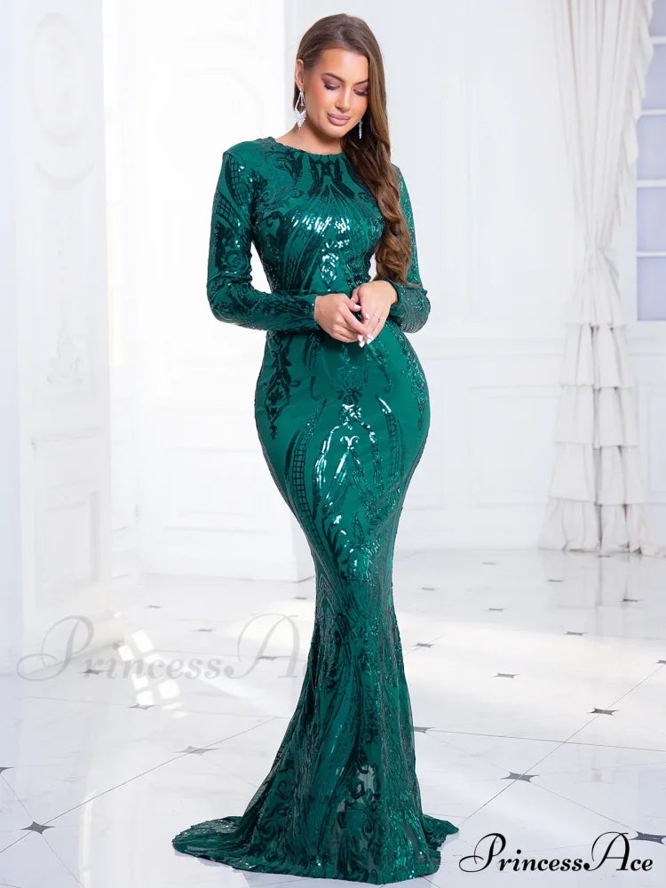 Green Stretch Sequin Long Sleeve Evening Night Prom Dress Bodycon Christmas Party Dresses-L