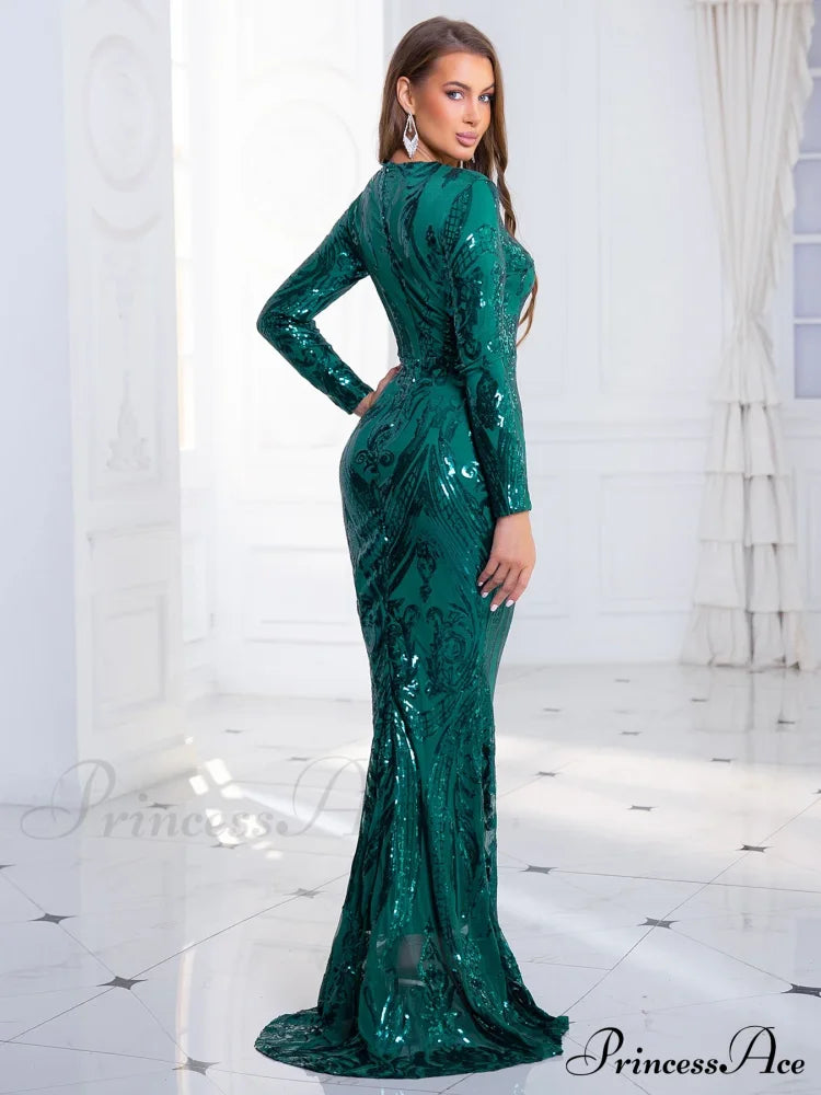 Green Stretch Sequin Long Sleeve Evening Night Prom Dress Bodycon Christmas Party Dresses-L