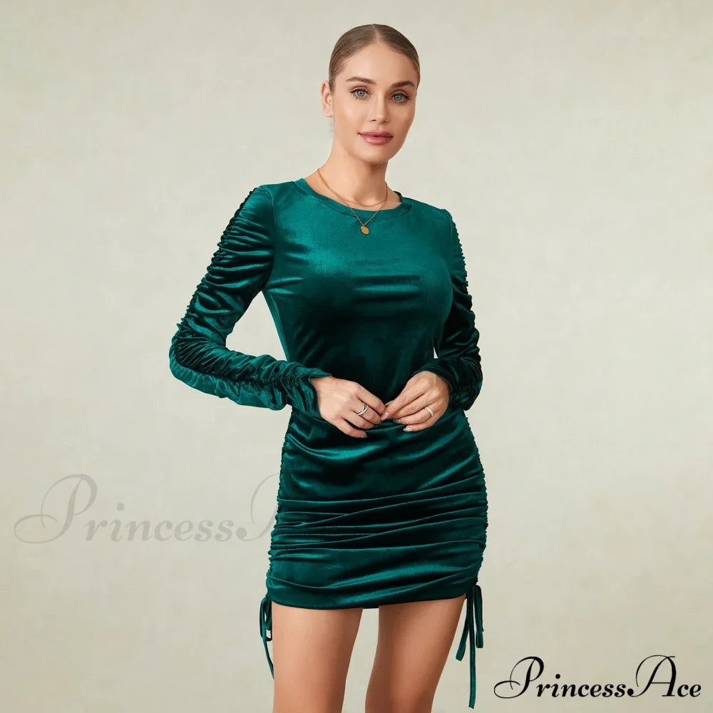 Green Velvet Bodycon Long Sleeve Crew Neck Wrap Mini Drawstring Christmas Party Dress Dresses-L