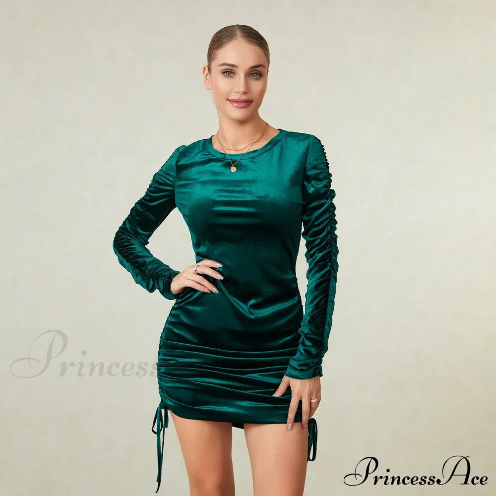 Green Velvet Bodycon Long Sleeve Crew Neck Wrap Mini Drawstring Christmas Party Dress Dresses-L