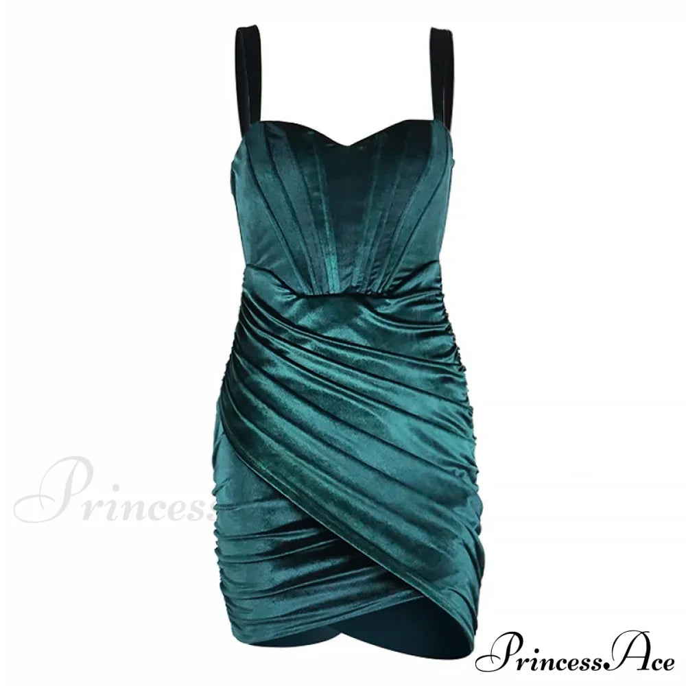 Green Velvet Corsets Party Mini Dress Elegant Spaghetti Strap Bodycon Christmas / S Dresses-L