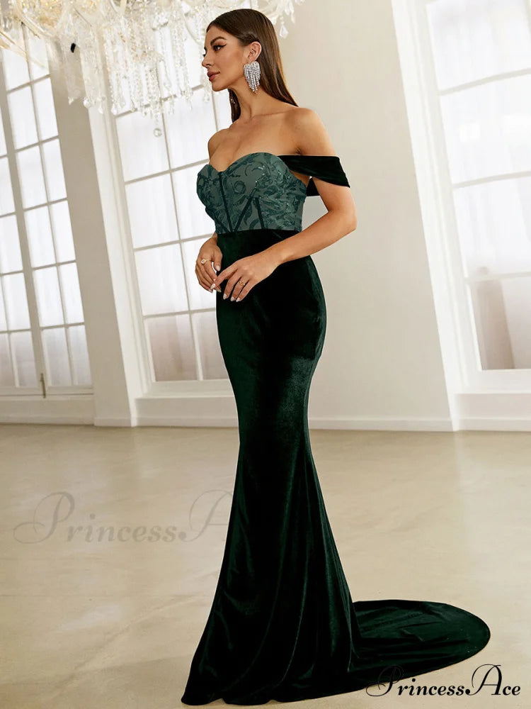 Green Velvet Evening Dress Elegant Off Shoulder Sequin Bodycon Maxi Christmas Party Dresses-L