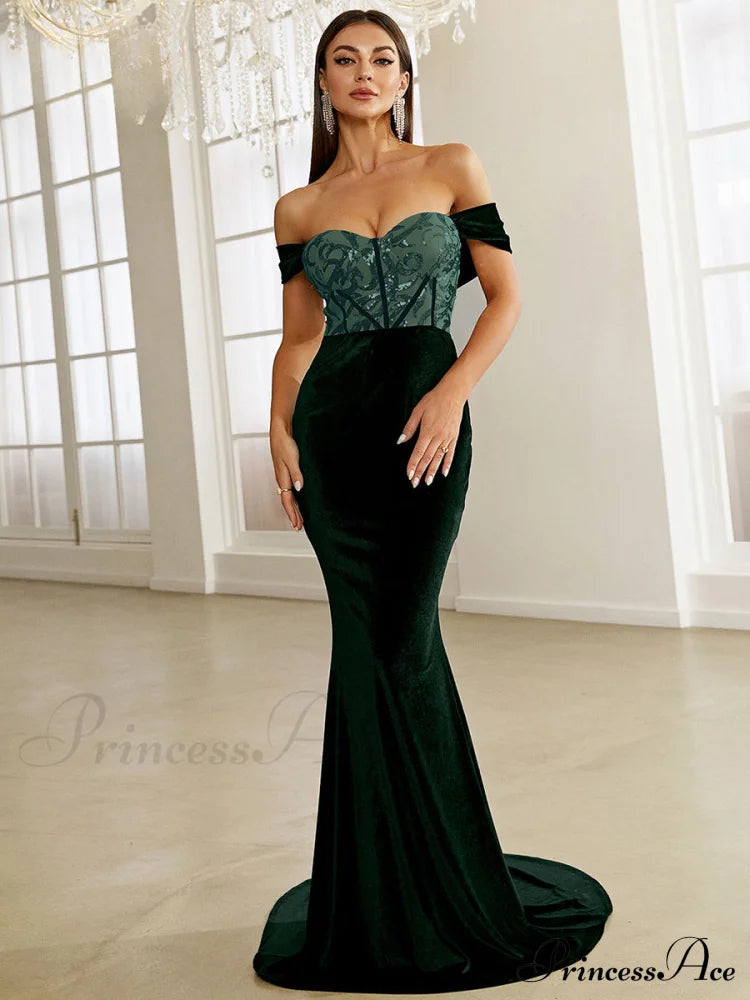 Green Velvet Evening Dress Elegant Off Shoulder Sequin Bodycon Maxi Christmas Party / S Dresses-L